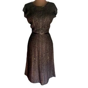 Vtg 50s Ann Fleischer Hand Knit Woven Ladyike Whimsigoth Coquette Midi Dress XS